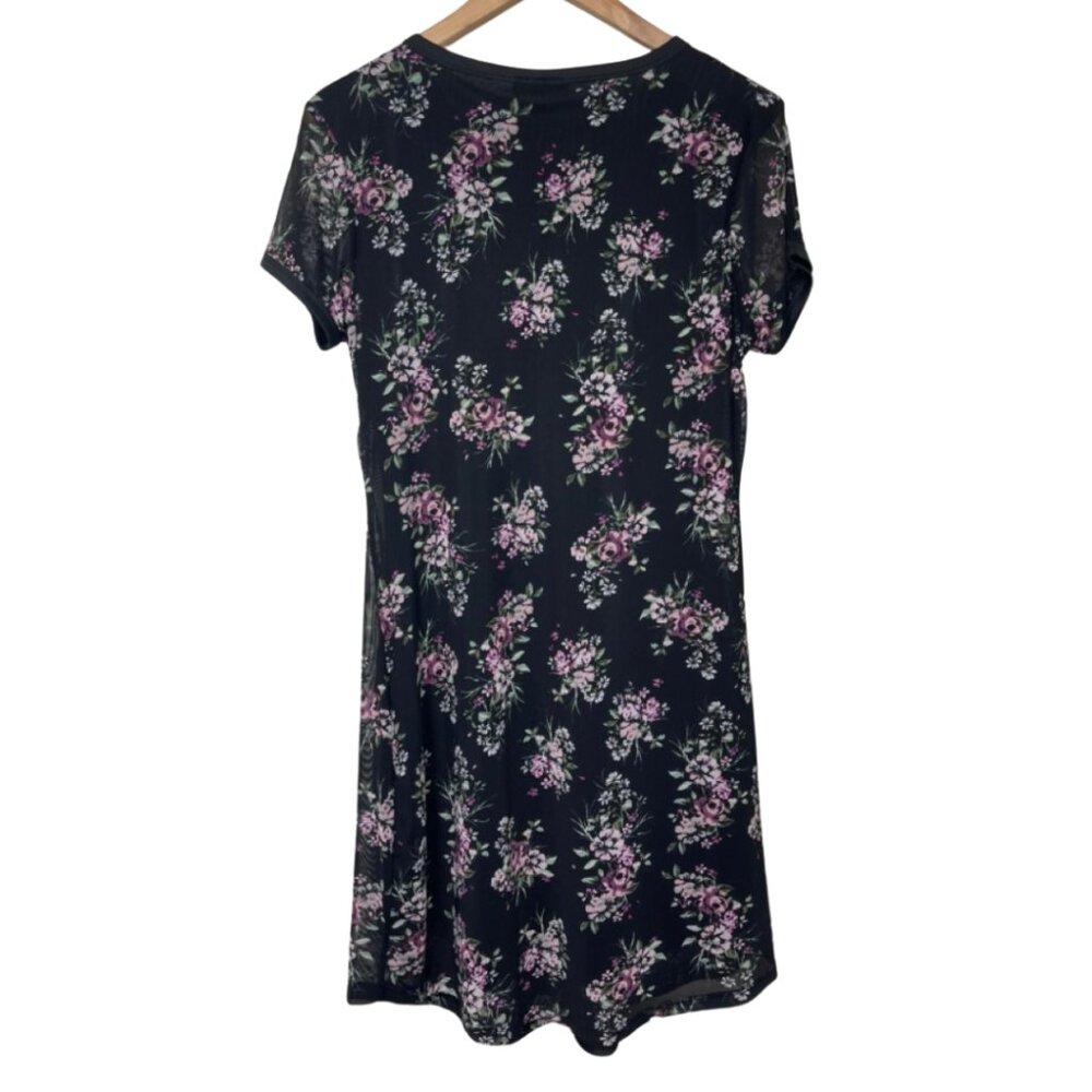BONGO | Black Floral Mini Shirt Dress Short Sleeve Purple Flowers | Size L - Picture 4 of 9